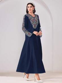 Al Najma Casual Floral Print V-Neck Long Sleeve Modest Arabic Style Dress