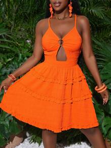 Slaydiva New Spring And Summer Casual Holiday Sexy Suspenders Front Chest Ring Hollow Back Cross Design Large Backless Multi-Layer Cake Skirt Fungus Edge Decoration A Swing Umbrella Skirt Yellow Plaid Fabric Women's Mini Dress