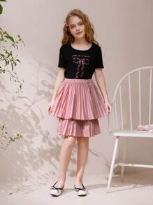 SHEIN 2 件套 Tween 女童休闲优雅蝴蝶印花短袖上衣和百褶裙，适合春夏穿着、上学或度假 - 彩色 - 查看 3