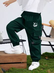 SHEIN Kids/Tween Boys' Casual Graphic Print Pocket Loose Jogger Pants, Suitable For Commuting, School, Daily, Vacation, Sports, Spring/Summer/Autumn/Winter