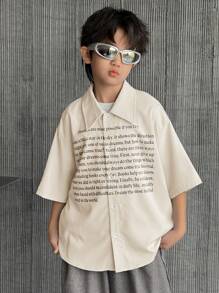2pcs/Set Tween Boys' Casual Korean Style Letter & Graphic Print Short Sleeve Polo Shirt And Loose Woven 3/4 Pants Outfit