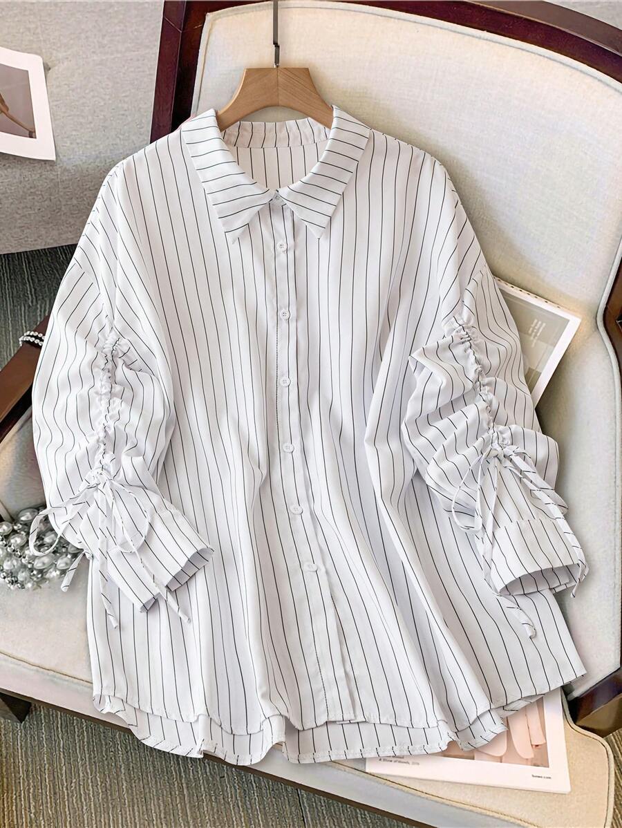 SHEIN LUNE Women Striped Print Button Front Drawstring Long Sleeve Plus Size Blouse Fall Cloth For Women - White - View 1