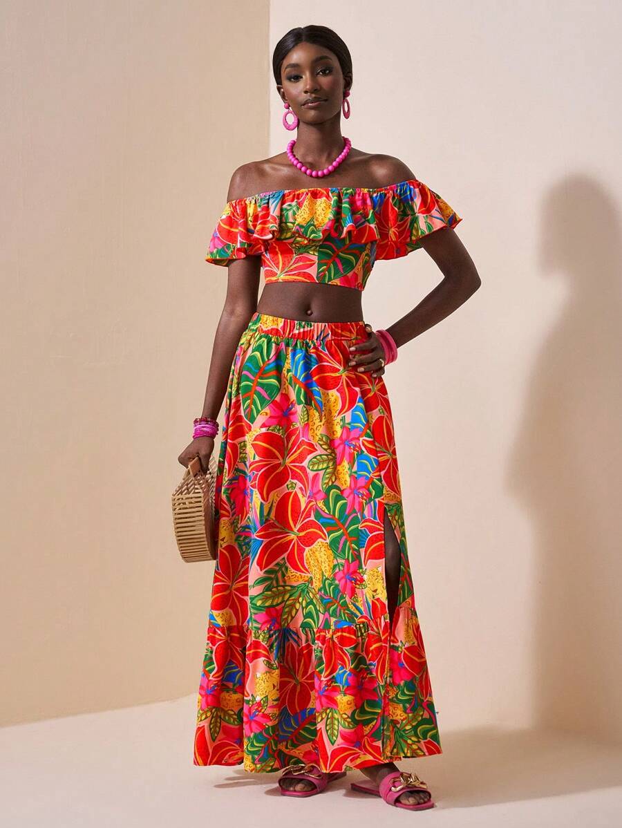 Zivah 2pcs/Set Women's Tropical Plant Print Off Shoulder Crop Top And High Slit Skirt Vacation Casual Outfit