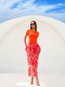 Swim Shayni 女士沙滩夏季套装 - 两件套：纯色圆领短袖后拉链连体泳衣 + 随机印花保守沙滩裙，沙滩度假两件套 - 橘色 - 查看 5