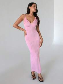 Roylia 1pc Women's Long Knit Tied Waist V-Neck Bodycon Dress, Pink Texture - Pink - View 3