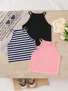 3pcs Young Girl Solid Color Knit Sleeveless Top + Knit Striped Sleeveless Top Cute Set