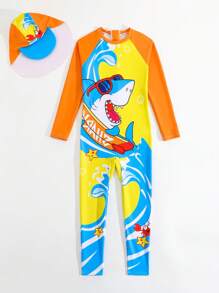 男孩卡通鲨鱼印花长袖连体泳衣（含裤子，正面印花和袖子上随机印花） - 彩色 - 查看 5