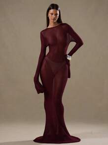 MUSERA Sheer Knit Long Sleeve Maxi Dress Elegant Spring Vacation Cute Sexy 90's Muted Haze Graduation Holiday Summer Night Out Winter Everyday Chic Carnival Vacation - Burgundy - View 3