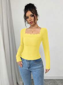 SHEIN Privé t-shirt femme à manches longues, coupe slim, col carré, avec ourlet élégant vague noir - Jaune citron - Voir 3