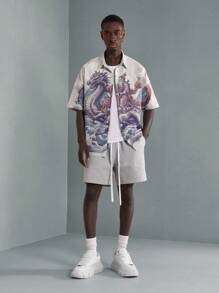 SUMWON Dragon Print Resort Shirt Japanese Art Style Button Down Short Sleeve Casual Summer Beach Shirt Oriental Fantasy Design Streetwear Festival Shirt