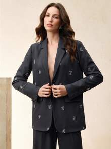 Anewsta Blazer informal y suelto con bordados y cuentas para mujer, elegante y de alta gama - Azul Marino - Ver 6