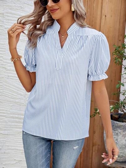 Breezaya Casual Vacation Striped V-Neck Puff Sleeve Short Sleeve Shirt