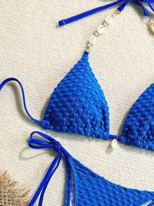 SHEIN Swim Women Shell Beaded Halter Bikini Top And Low Waist Knotted Bikini Bottom For Summer Beach Vacation - Royal Blue - View 8