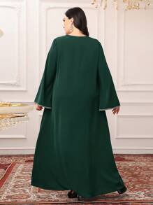 Al Najma Plus Size Women Patchwork Trim Tassel Long Sleeve Arabian Style Dress,Modest - Dark Green - View 2