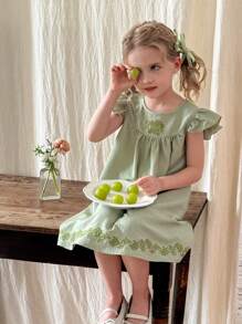 SHEIN LMoss Kids LMoss Young Girl Woven Ditsy Floral Round Neck Ruffle Hem Snug Fit Dress,Spring And Summer - Green - View 6