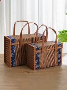 1pc Foldable Camp Storage Basket Woven From Bamboo, Batik Cloth Covered, Picnic Basket, Rural Style