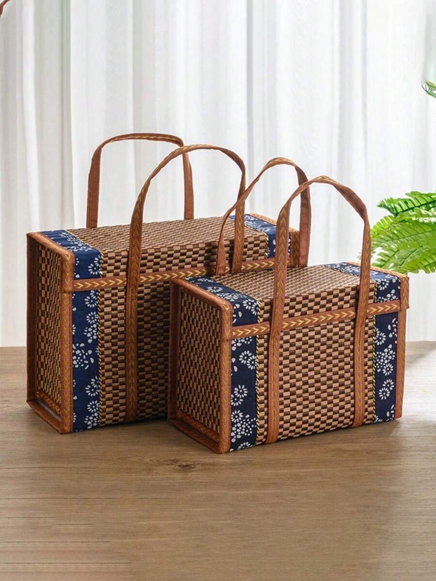 1pc Foldable Camp Storage Basket Woven From Bamboo, Batik Cloth Covered, Picnic Basket, Rural Style