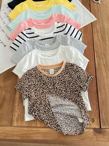SHEIN LMoss Kids 8pcs/Set Baby Girl Summer Cute Versatile Knit Leopard Stripe Solid Color Short Sleeve Tops - Multicolor - View 7