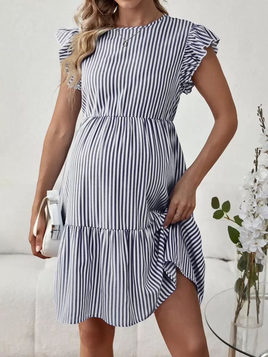 SHEIN Maternity Striped Round Neck Ruffle Trim Casual Dress - Navy Blue - View 1