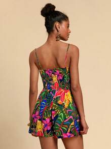 Travachic Vacation Casual Tropical Print Romper,Casual Woman Style, Casual Woman Style, Fall Outfits For Women, Chic Autumn,Going Out Outfit,Elegant Outfits,Country Style For Women,Tropical  Printed - Navy Blue - View 2