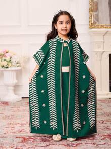Conjunto de vestido largo y cardigan largo con cinturón, en diseño minimalista con estampado de niña joven en color borgoña - Verde Oscuro - Ver 3