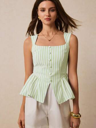 Poéselle 女式条纹单排扣 V 领开衩下摆休闲背心