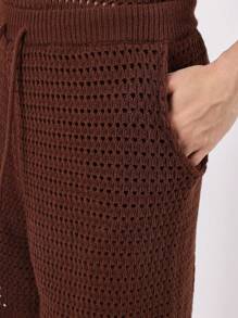 SUMWON Designer Openwork Knit Polo Co-Ord Set Short Sleeve Summer Lounge Wear Casual Knitwear Two-Piece Outfit Textured Beach Resort Wear - Coffee Brown - View 8