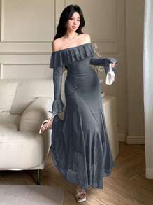 DAZY 春夏女士性感裹身中长连衣裙优雅荷叶边 - 霧霾藍 - 查看 3