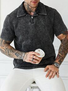 Manfinity LEGND 男士休闲日常穿着，这款优质小众黑色复古水洗棉几何针织提花短袖 Polo 衫，配有纽扣门襟。适合通勤、音乐节和日常穿着，是送给男友或丈夫的绝佳礼物。男士毛巾布纹理水洗休闲短袖 Polo 衫，男士 Polo 衫，男士 Polo T 恤，男士 Polo 衫，男士 Polo 衫，领子 - 灰色 - 查看 5