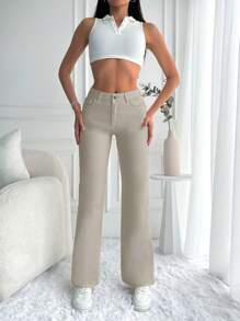 EURMUSE Casual Solid Flare Leg Jeans - Beige - View 5