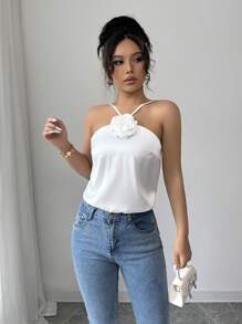 Elenzga Elegant Solid Color 3D Floral Decoration Satin Halter Top