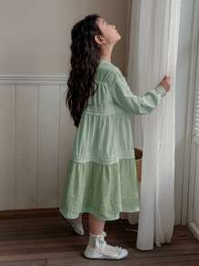 女童中长款 A 字形蕾丝拼接纯色公主风圆领长袖连衣裙，加大码 - 綠色 - 查看 5