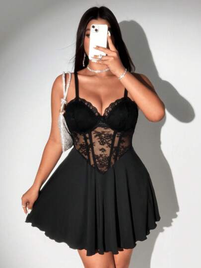 Viva Relle Plus Size Women's Spring New Year Summer Black Lace Sexy Hollow Out Tie Front Avant-Garde French Casual Young Elegant Fashionable Knitted Elastic Versatile Undershirt Dress, Sexy Formal Dress, Sexy Social Holiday Outfit, Black Bustier, Formal Dress, Young Elegant Sexy Patchwork Sexy Women's Top, Sexy Holiday Outfit, Social Black Top, Black Jumpsuit, Black Bustier, Slim Fit High-End Transparent Off-Shoulder Fitted Solid Color