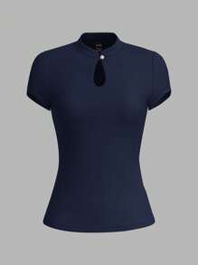 Vintamour Vintage Elegant Women's T-Shirt, Spring/Summer Slim-Fit Knitted Keyhole Hollow Out Short Sleeve Top, Casual Back To School Clothes Teacher - Navy Blue - View 6