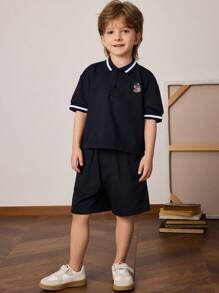 PrepCrw 年轻男孩春夏学院风蓝色 Polo 衫和短裤套装 - 藍色 - 查看 1