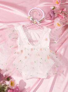 SHEIN Ensemble de body avec volants en dentelle brodée et bandeau pour nouveau-né fille, tenue pour séance photo de bébé, 1 mois - 100 jours