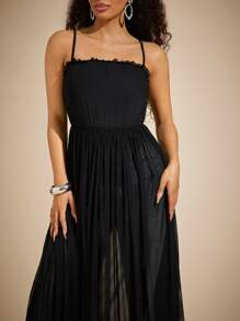 Vixey Sheer Mesh Frill Trim Cami Strap Tunic Cover Up Top, Boho, Hippie, Festival, Summer Beach Vacation Outfits - Black - View 5