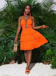 Slaydiva New Spring And Summer Casual Holiday Sexy Suspenders Front Chest Ring Hollow Back Cross Design Large Backless Multi-Layer Cake Skirt Fungus Edge Decoration A Swing Umbrella Skirt Yellow Plaid Fabric Women's Mini Dress