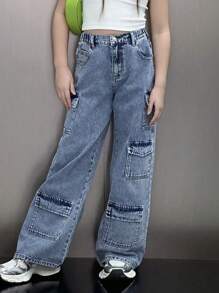 Tween Girl Y2K Casual All-Match Versatile Personalized Sweet Chic Multi-Pocket Design Soft Washed Loose Straight Leg Jeans, Hot Spring/Summer 2025 Collection Suitable For Everyday Wear - Medium Wash - View 2