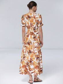 Aveloria Modichic Women's Elegant Vacation Color Changing Leaf Print Cross Shirred Design Puff Sleeve Short Sleeve Dress - Multicolor - View 2