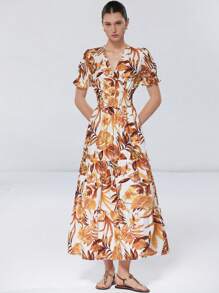 Aveloria Modichic Women's Elegant Vacation Color Changing Leaf Print Cross Shirred Design Puff Sleeve Short Sleeve Dress - Multicolor - View 4