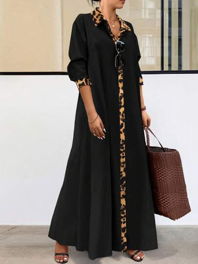 Easura Plus Size Long Sleeve Chic Casual Leopard Print Color Block Soft Dress Maxi Women Outfit Fall Cloth For Women