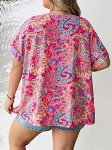 SHEIN CURVE+ Damen Große Größen Sommer Urlaubs Paisley Muster Lässiges, luftiges Hemd mit Dolman-Ärmeln, Nashville Bekleidung, Frühlings Boho Urlaub