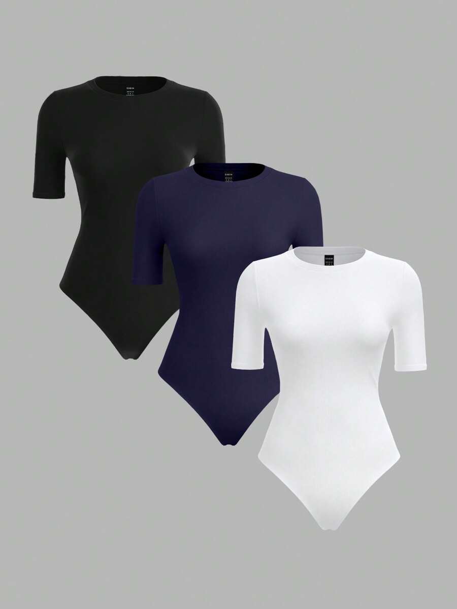 SHEIN BASICS 3件套休闲纯色针织圆领短袖连体衣（女款）
