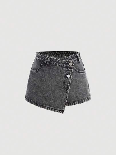 SHEIN Girlism 青少年女孩 Y2K 时尚纯色牛仔短裙，纽扣式，有口袋，不对称下摆和纽扣，夏季休闲装