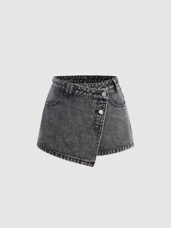 SHEIN Girlism Falda pantalón de mezclilla de unicolor de moda Y2K para adolescentes, con botones, bolsillos, dobladillo asimétrico y botones, de uso casual para el verano
