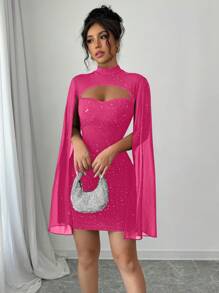 Elenzga Women's Glossy Mock Neck Patchwork Ruffle Decor Fashionable Mini Dress - Hot Pink - View 5