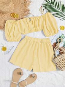 Breezaya 2 sztuki/zestaw damski wakacyjny swobodny jednolity top z odkrytymi ramionami i szorty