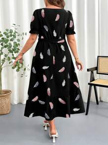 SHEIN Clasi Plus Size Women's Feather Print Elegant Square Neck Elastic Waist Puff Sleeve Dress For Summer