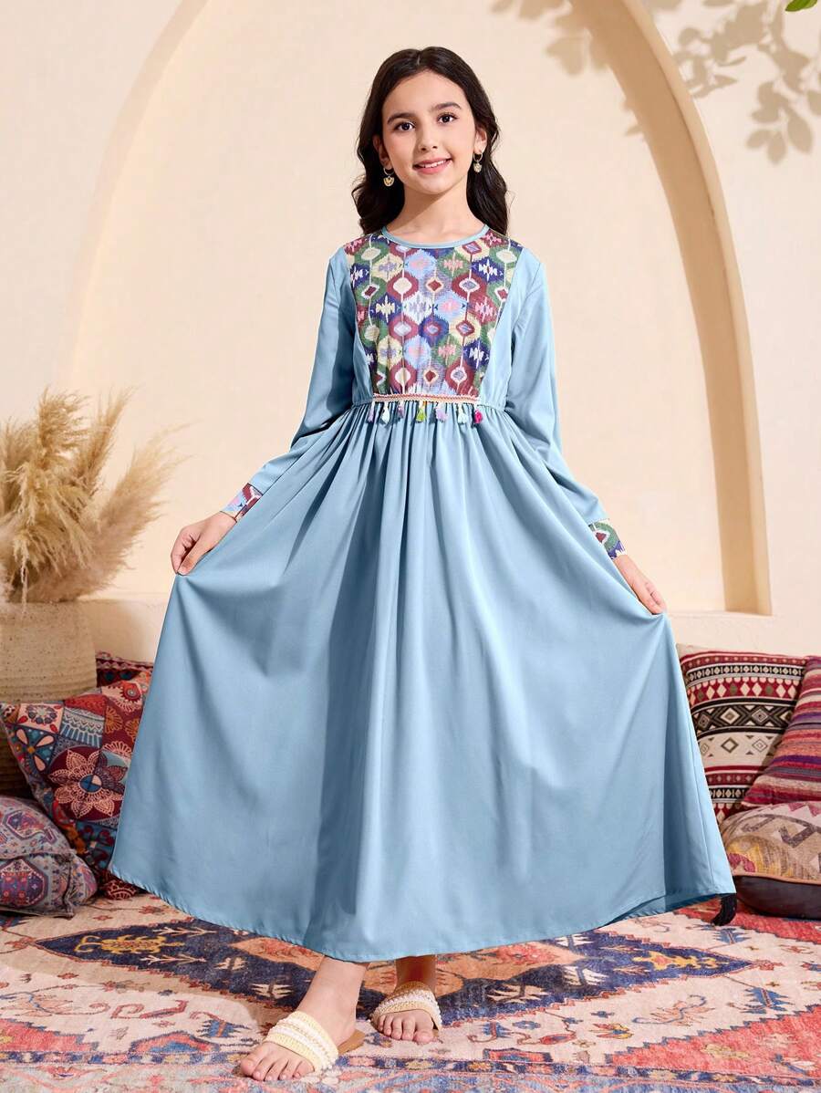 Tween Girls Geometric Print Fringed Decor Long Dress - Blue - View 1